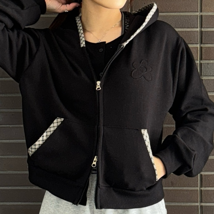 플라워 체크 후드 집업 블랙