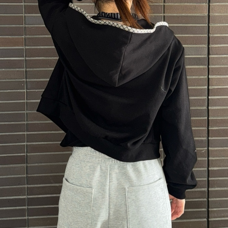 플라워 체크 후드 집업 블랙