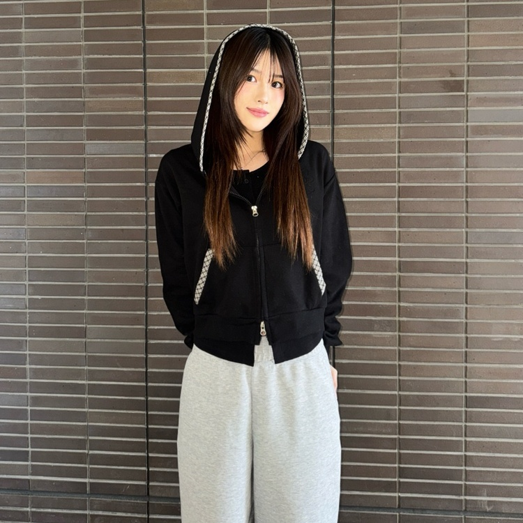 플라워 체크 후드 집업 블랙