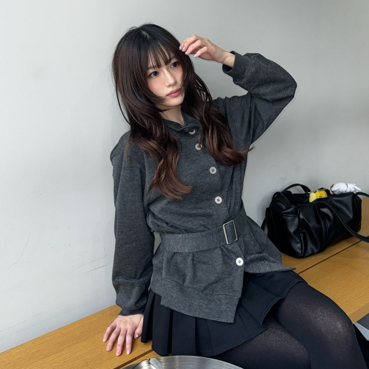 시프트 하이넥 벨트 니트 가디건 블랙