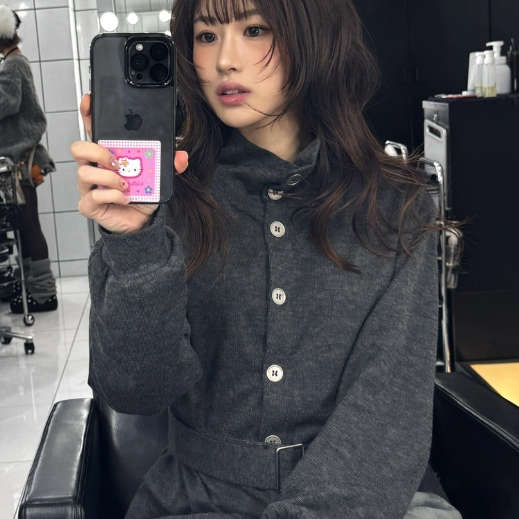 시프트 하이넥 벨트 니트 가디건 블랙