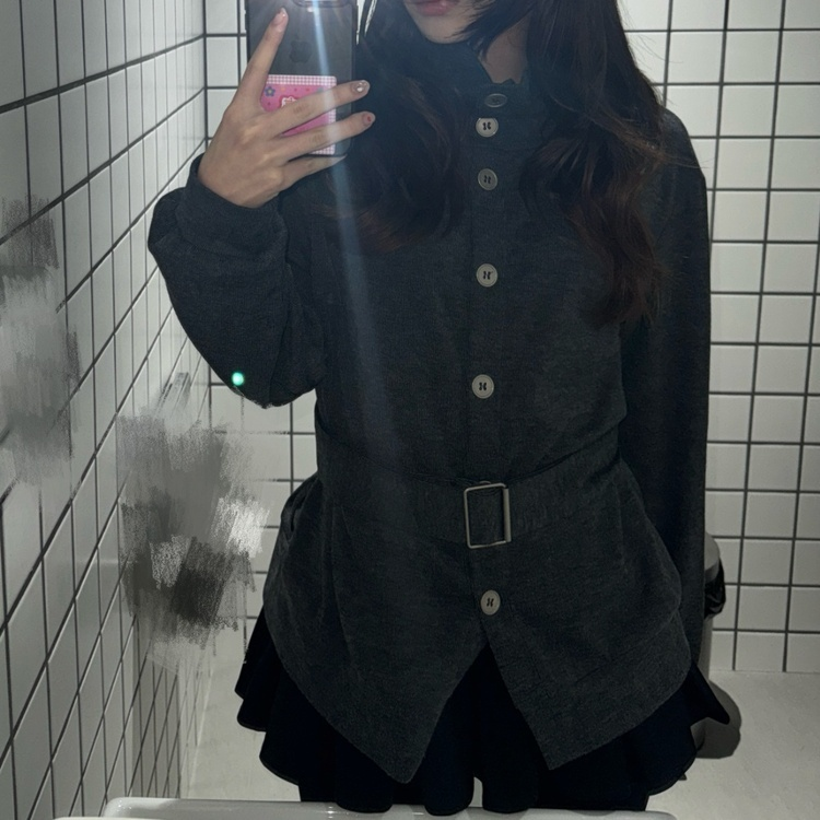 시프트 하이넥 벨트 니트 가디건 블랙