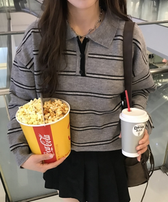 베이직 스트라이프 오버핏 니트 그레이-블랙