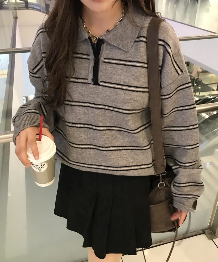 베이직 스트라이프 오버핏 니트 그레이-블랙