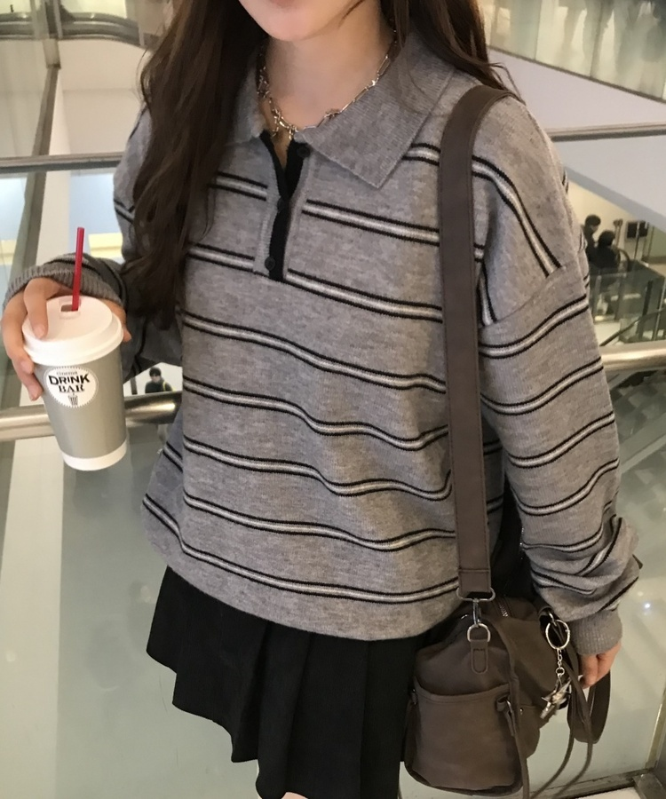 베이직 스트라이프 오버핏 니트 그레이-블랙