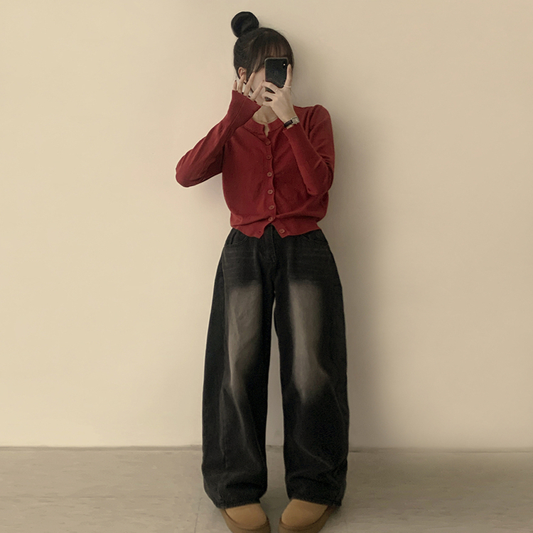 극강의 부드러움 래빗 라운드 겨울 긴팔 데일리 니트 가디건 레드
