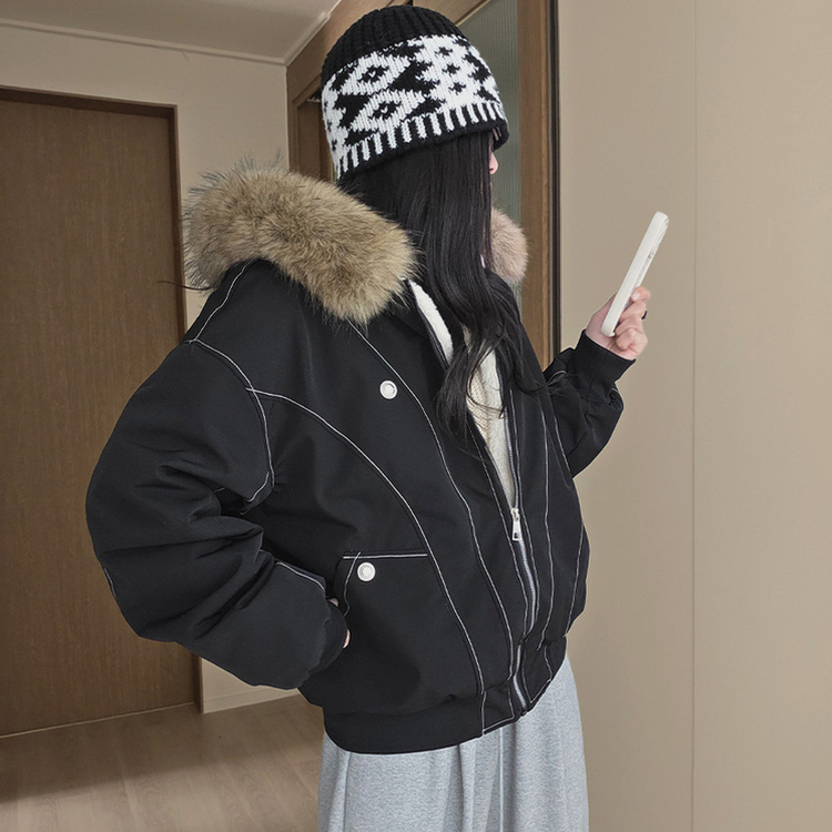 ファーフードジャケット フード付きジャンパー ファー付き黒ジャンパー 