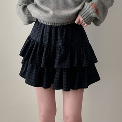 겨울에도 러블리함을 포기못한다면톤다운 분위기 체크 모직 캉캉 미니 밴딩 스커트 네이비