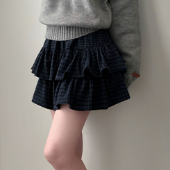 겨울에도 러블리함을 포기못한다면톤다운 분위기 체크 모직 캉캉 미니 밴딩 스커트 네이비