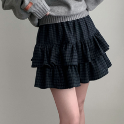 겨울에도 러블리함을 포기못한다면톤다운 분위기 체크 모직 캉캉 미니 밴딩 스커트 네이비