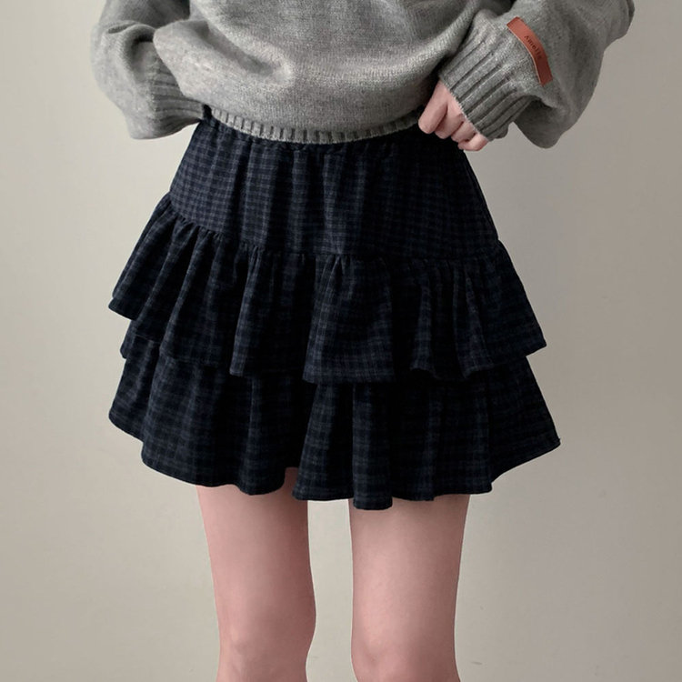 겨울에도 러블리함을 포기못한다면톤다운 분위기 체크 모직 캉캉 미니 밴딩 스커트 네이비