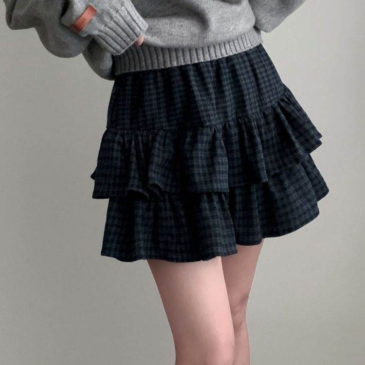 겨울에도 러블리함을 포기못한다면톤다운 분위기 체크 모직 캉캉 미니 밴딩 스커트 네이비