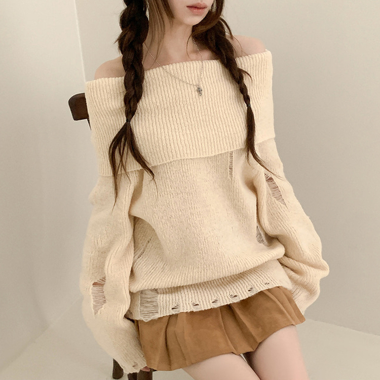 ダメージモヘアオフショルダーウールニット｜ニット｜韓国ファッション