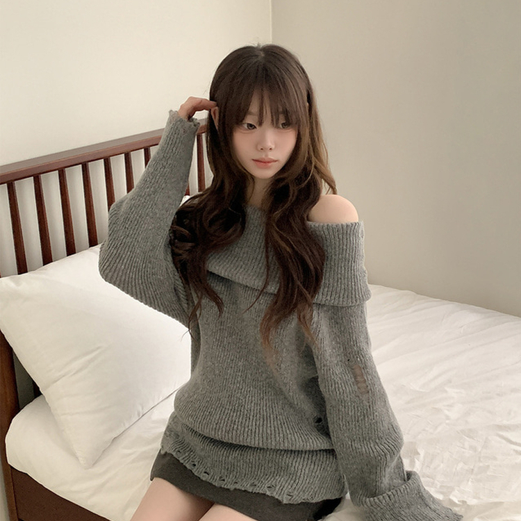 ダメージモヘアオフショルダーウールニット｜ニット｜韓国ファッション