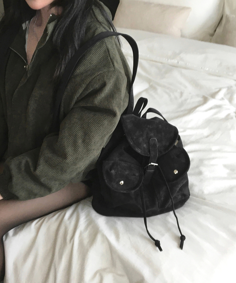 세루 포켓 복조리 스웨이드 가죽 미니 백팩 블랙