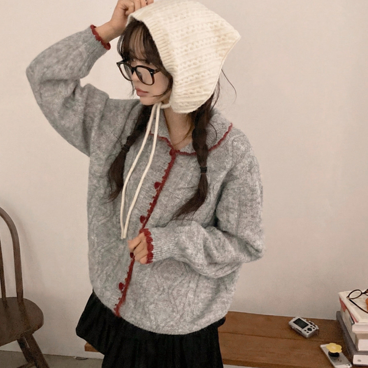 레드벨벳 하트 버튼 배색 앙고라 카라 꽈배기 가디건 진그레이