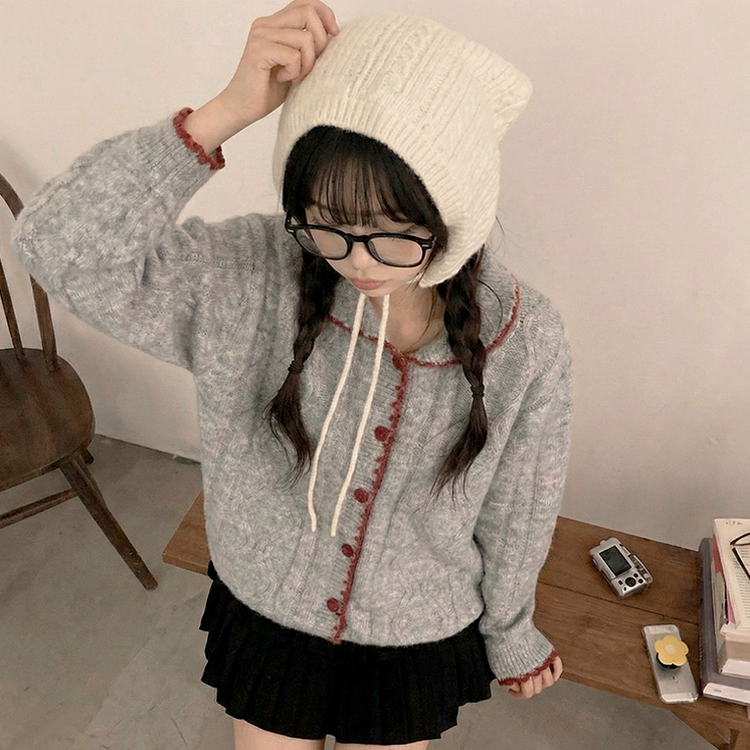 레드벨벳 하트 버튼 배색 앙고라 카라 꽈배기 가디건 진그레이