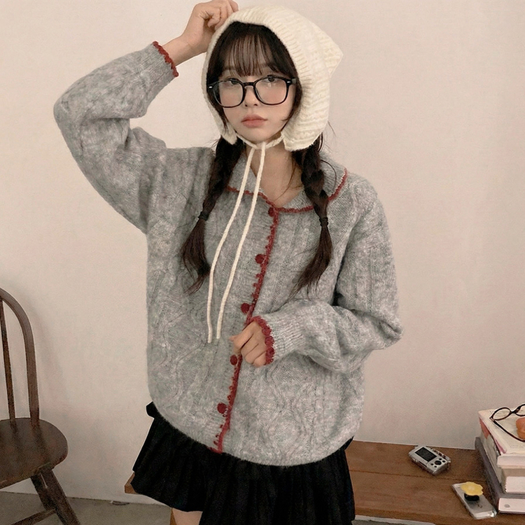 레드벨벳 하트 버튼 배색 앙고라 카라 꽈배기 가디건 진그레이