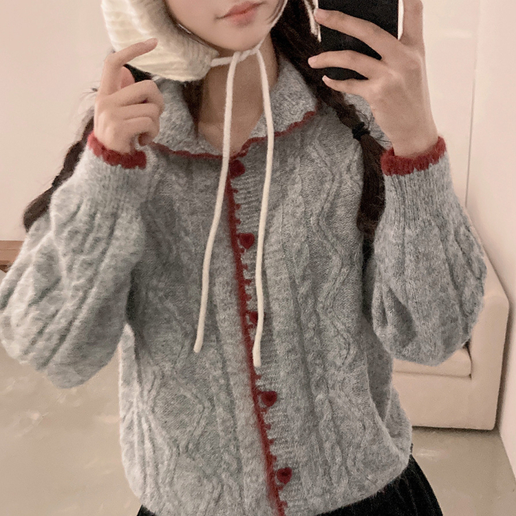 레드벨벳 하트 버튼 배색 앙고라 카라 꽈배기 가디건 진그레이