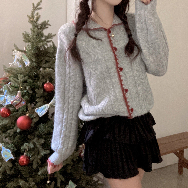 레드벨벳 하트 버튼 배색 앙고라 카라 꽈배기 가디건 진그레이