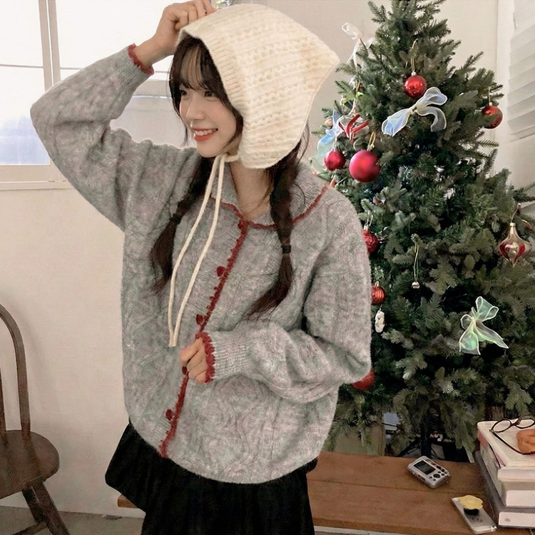 레드벨벳 하트 버튼 배색 앙고라 카라 꽈배기 가디건 진그레이