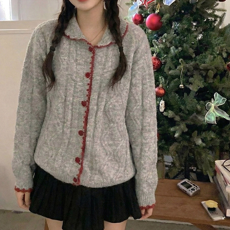 레드벨벳 하트 버튼 배색 앙고라 카라 꽈배기 가디건 진그레이