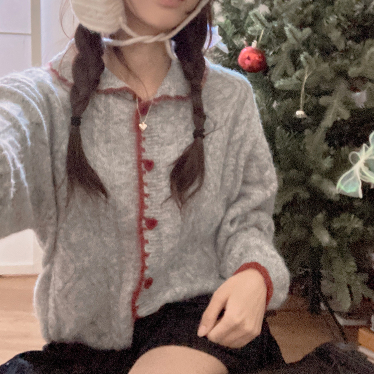 레드벨벳 하트 버튼 배색 앙고라 카라 꽈배기 가디건 진그레이