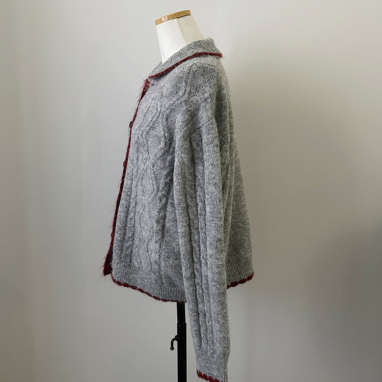 레드벨벳 하트 버튼 배색 앙고라 카라 꽈배기 가디건