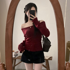 수아 포근 오프숄더 기모 티셔츠 레드