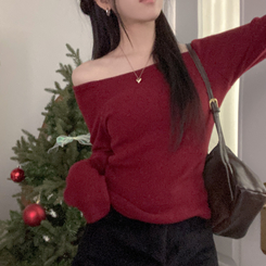 수아 포근 오프숄더 기모 티셔츠 레드
