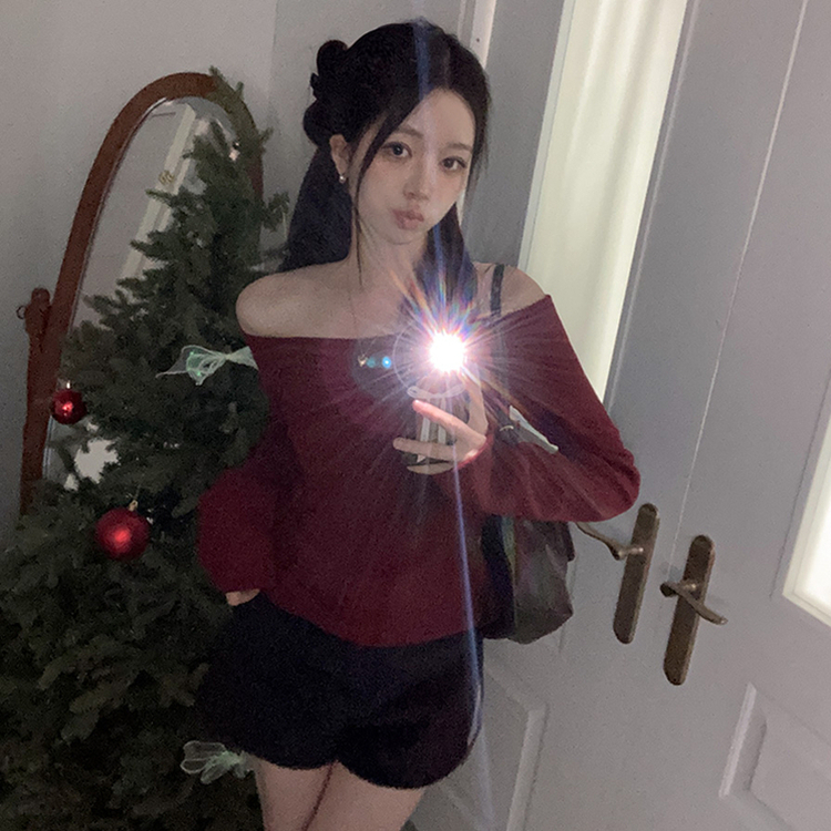 수아 포근 오프숄더 기모 티셔츠 레드