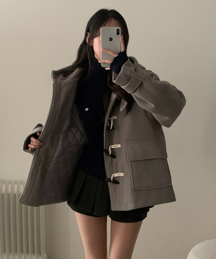 덤버 후드 떡볶이 더블 하이넥 롱숏 코트