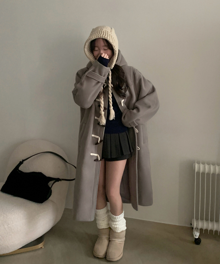 덤버 후드 떡볶이 더블 하이넥 롱숏 코트