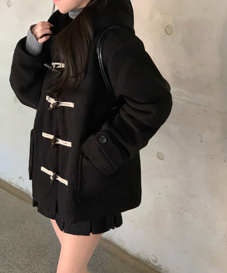 덤버 후드 떡볶이 더블 하이넥 롱숏 코트