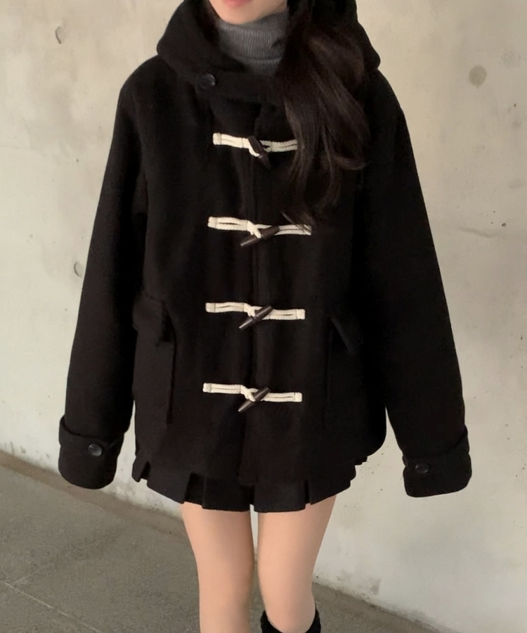 덤버 후드 떡볶이 더블 하이넥 롱숏 코트