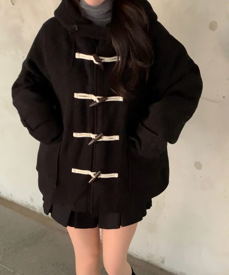 덤버 후드 떡볶이 더블 하이넥 롱숏 코트