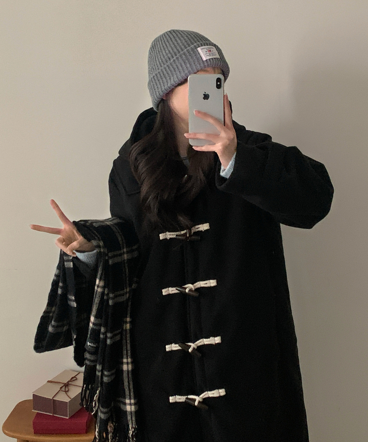 덤버 후드 떡볶이 더블 하이넥 롱숏 코트