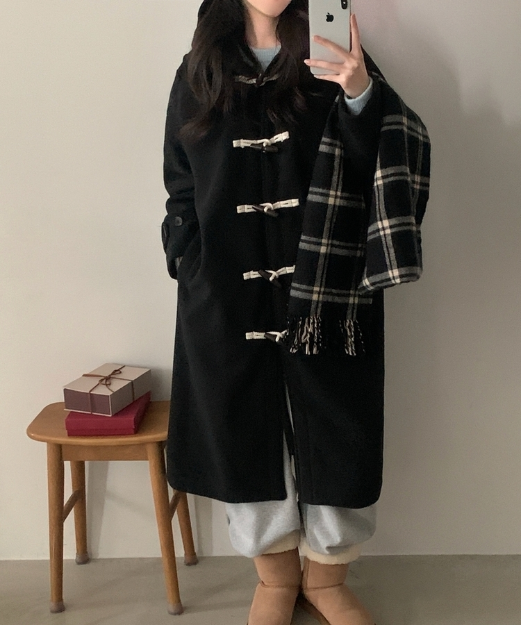 덤버 후드 떡볶이 더블 하이넥 롱숏 코트