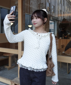 ドット柄フリル付きトップス WHITE