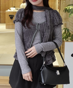 【SET】レイヤードフリルトップス＋マフラー GRAY