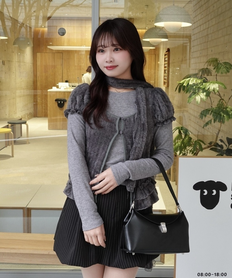 【SET】レイヤードフリルトップス＋マフラー GRAY