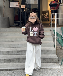 기모 자수 로스트 후드 브라운