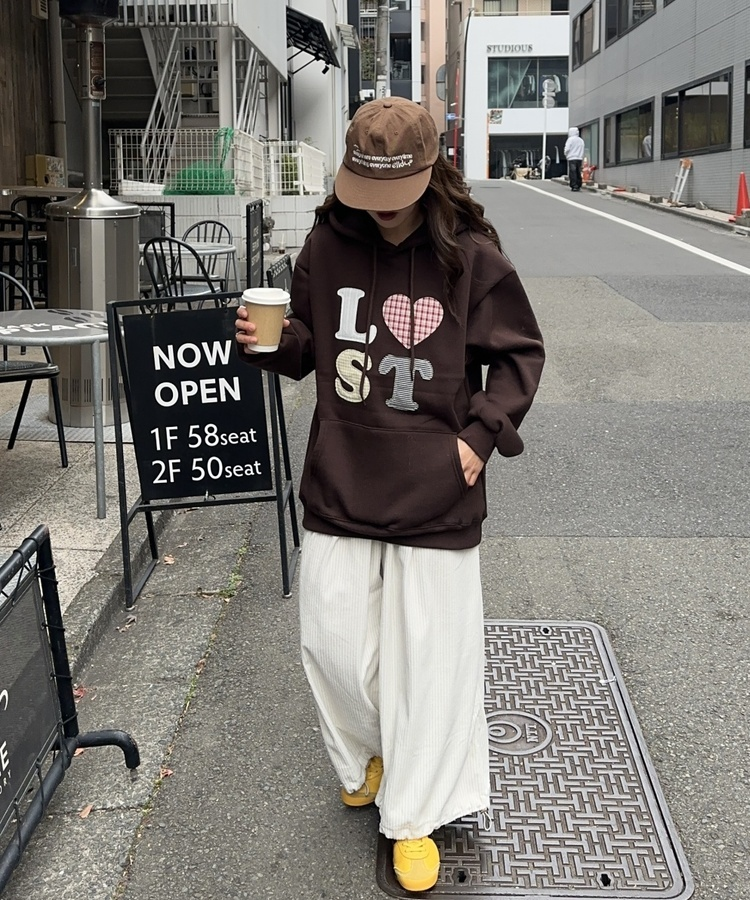 기모 자수 로스트 후드 브라운