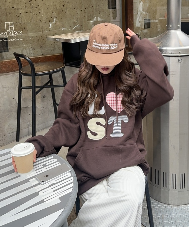 기모 자수 로스트 후드 브라운