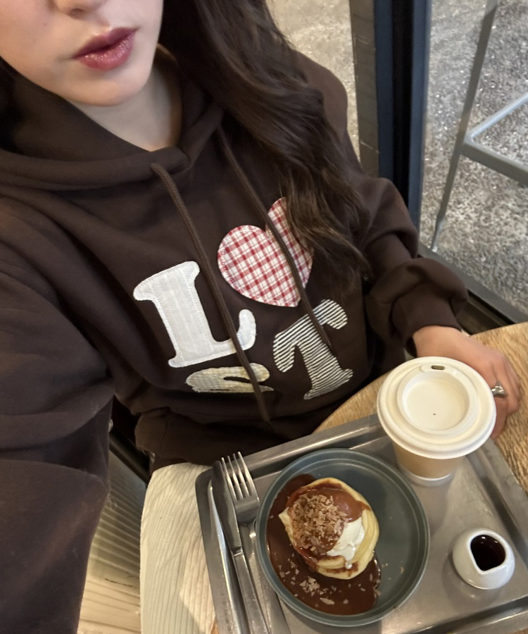 기모 자수 로스트 후드 브라운