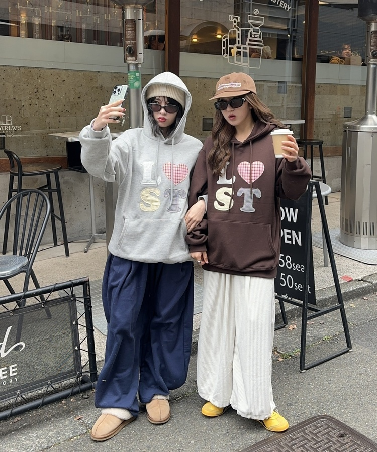 기모 자수 로스트 후드 그레이