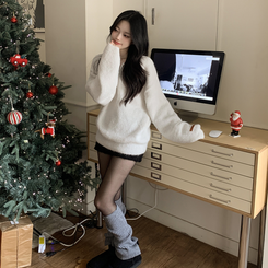 헨리넥 투웨이 원오프숄더 레더패치 오버핏 벌룬 레드 울니트 크리스마스룩 아이보리