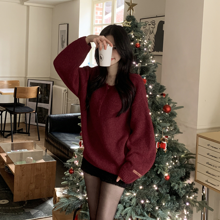 헨리넥 투웨이 원오프숄더 레더패치 오버핏 벌룬 레드 울니트 크리스마스룩 레드