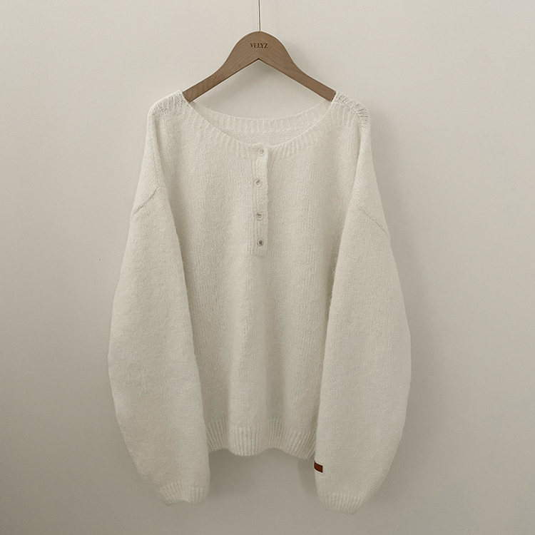 헨리넥 투웨이 원오프숄더 레더패치 오버핏 벌룬 레드 울니트 크리스마스룩