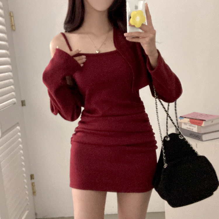 신디 포근 기모 나시 원피스 볼레로 가디건 투피스 세트 와인